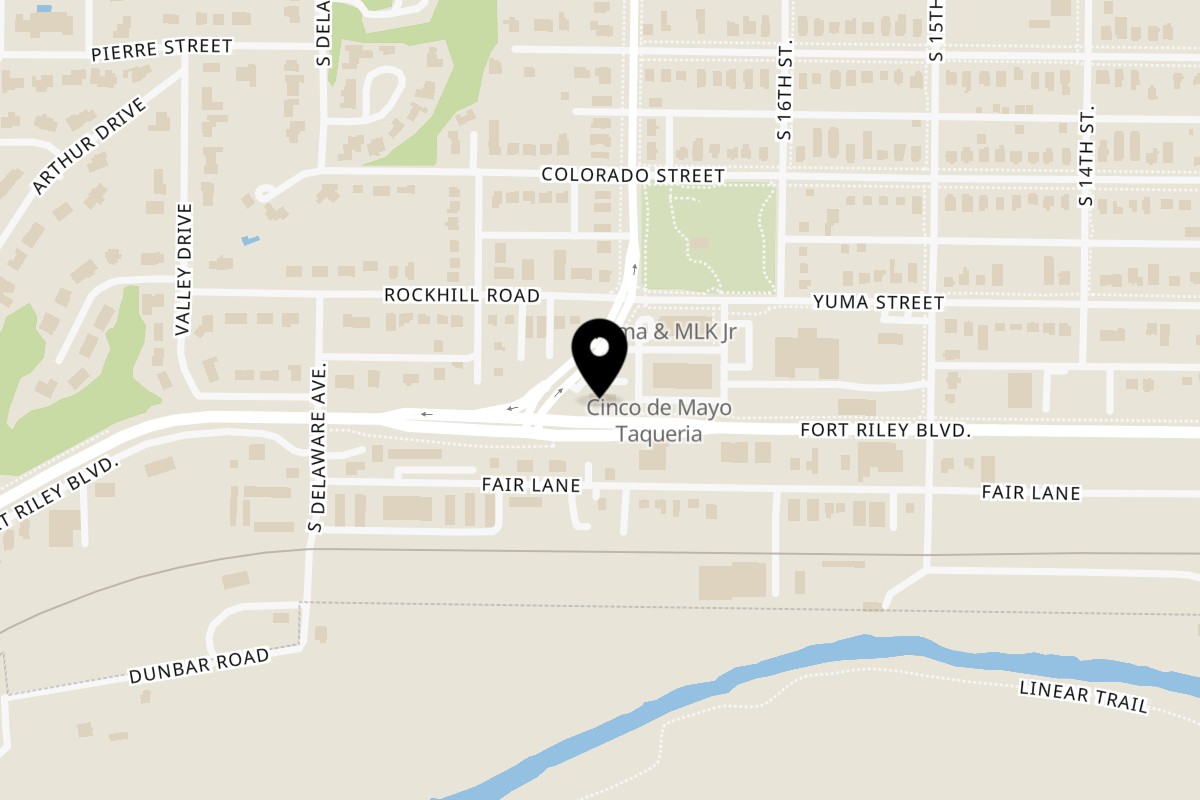 Map showing the location of Baan Thai Restaurant on 1709 Fort Riley Blvd in Manhattan